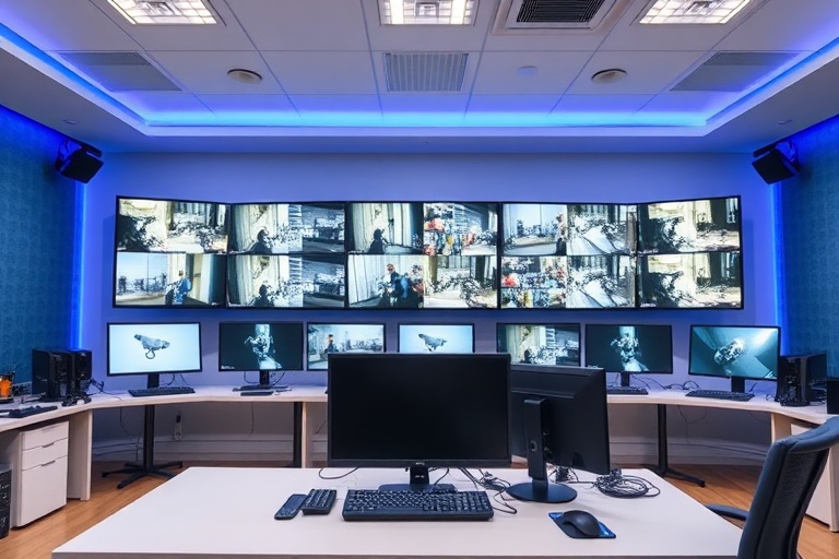 Large commercial security command center with multiple screens