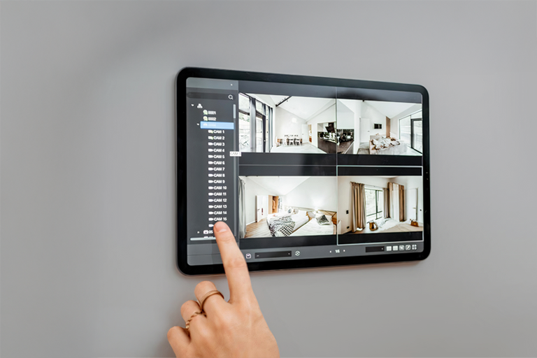 Sleek wall-mounted security tablet for a home